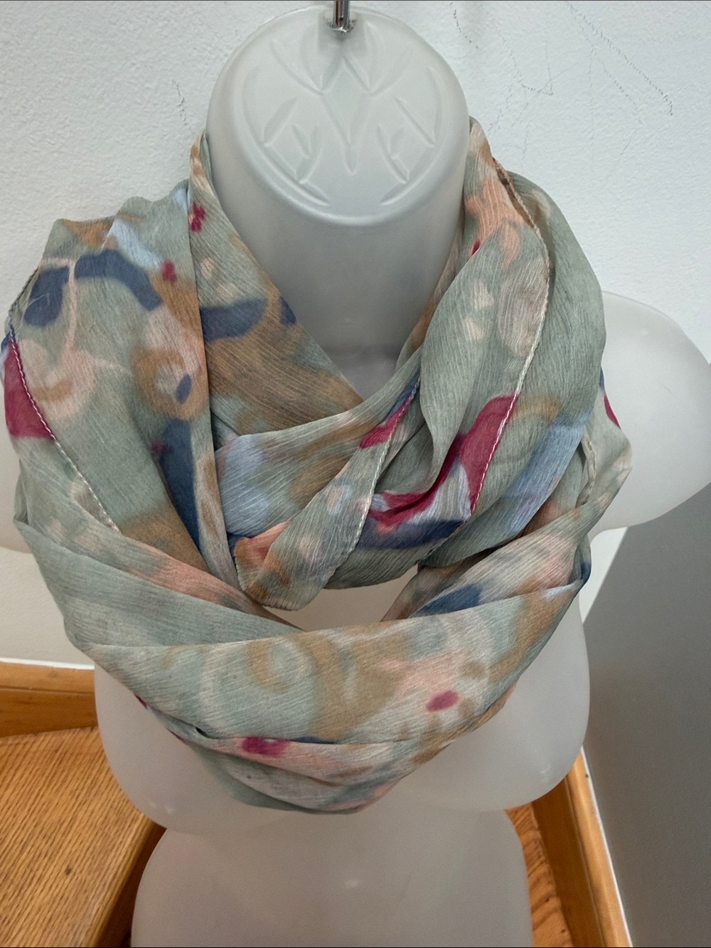 Vintage Boho Sheer Sage Green Bird & Floral Print Scarf Wrap - Tropical Parrot